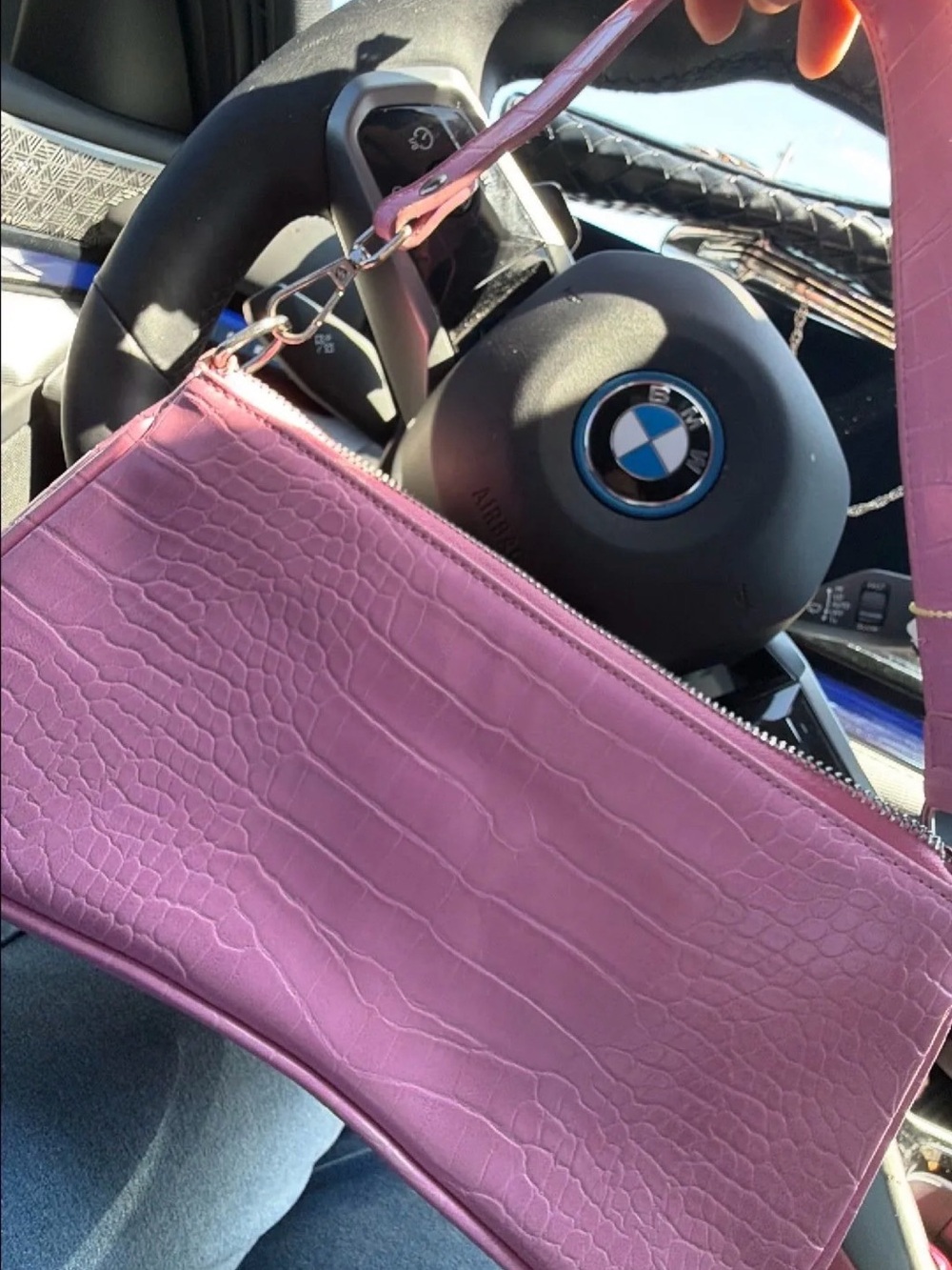 Pink Croc-Embossed Shoulder Bag